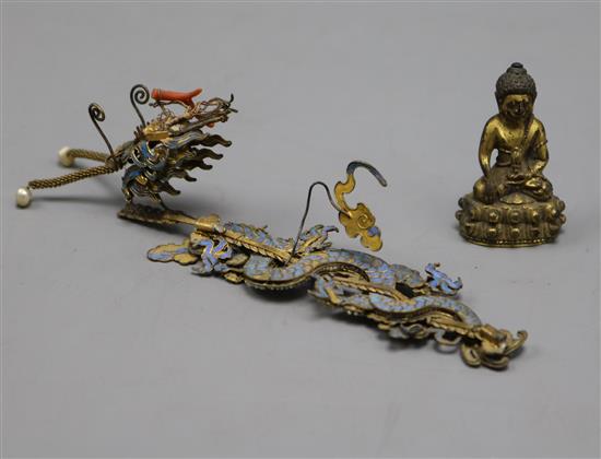A 19th century Chinese miniature gilt bronze figure of Buddha Shakyamuni and a gilt metal dragon hair ornament
